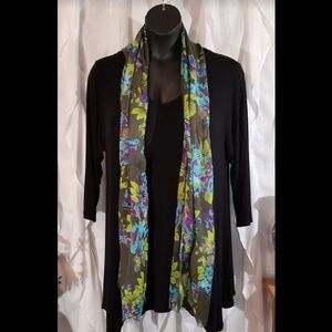 Green, Turquoise and Purple Floral on Black Scarf